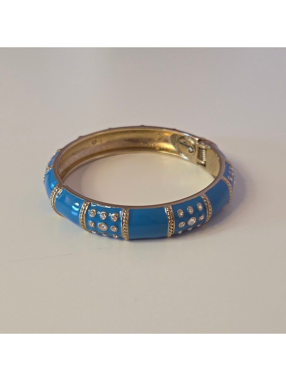 Gold Tone Bright Blue Enamel Bangle Bracelet w/ Rhinestones Coastal Beach Boho